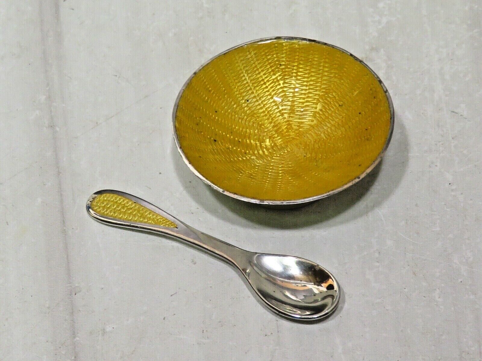 Vintage Jf Mexican Sterling Silver Yellow Guilloche Enamel Salt Cellar & Spoon