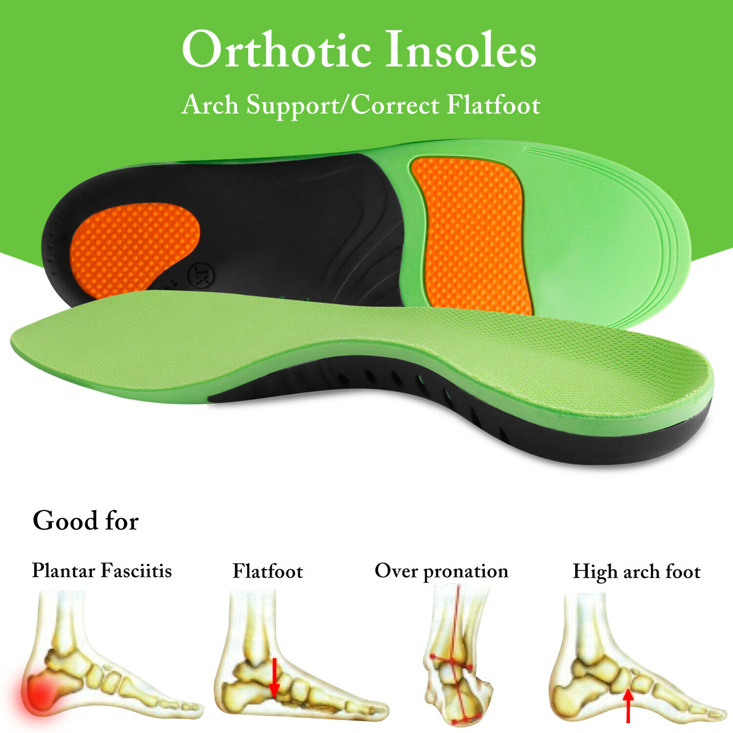 For Plantar Fasciitis Flat Feet Orthotic Shoe Insoles High Arch Support Inserts