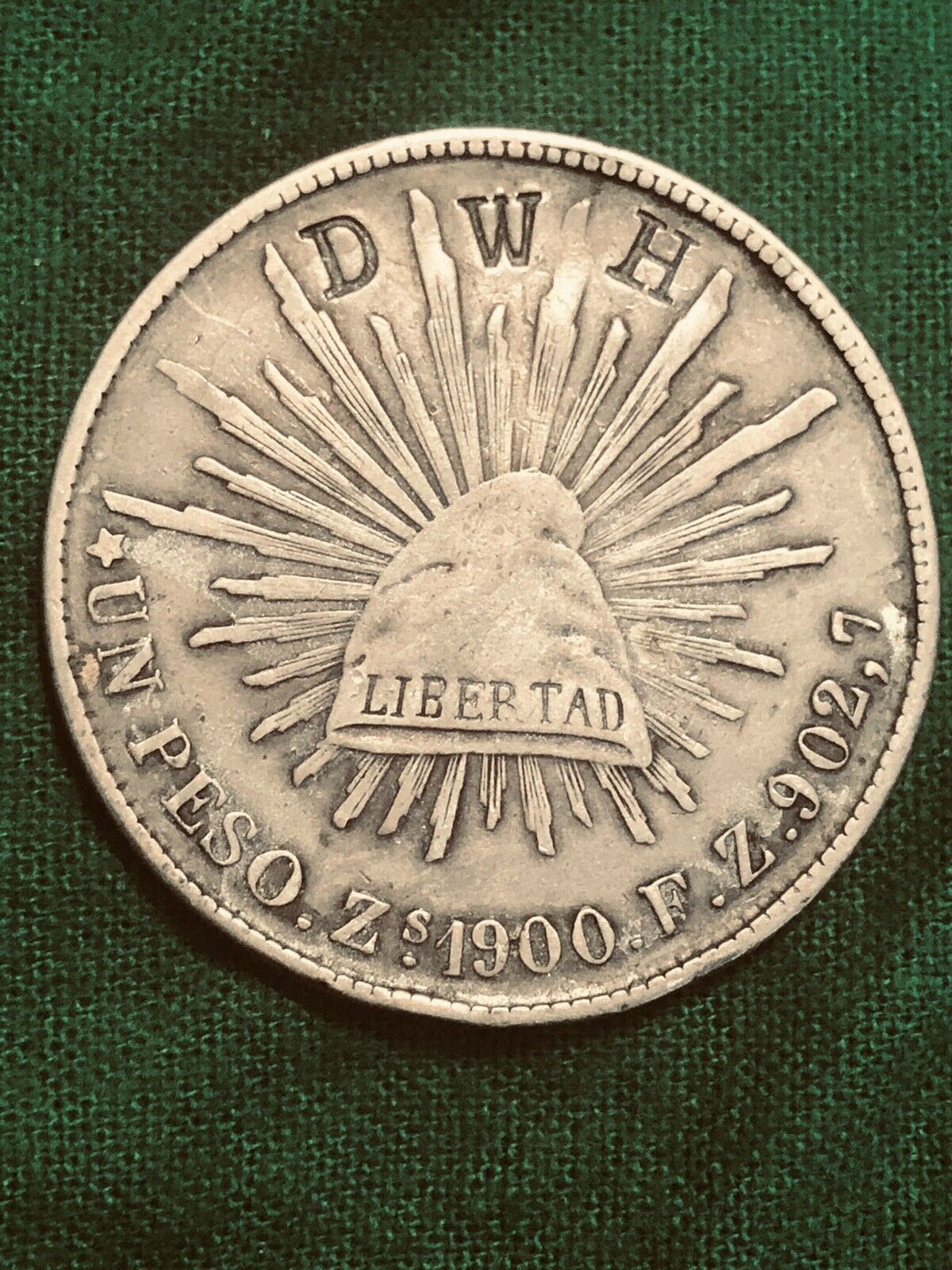1900 Zs Fz Silver Mexico Un Peso Cap & Rays Coin Zacatecas  Rare Stamped *dwh*